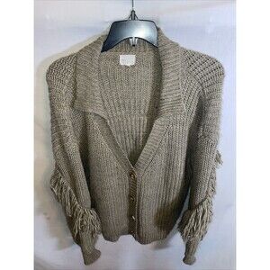 Dee Elly Women’s Fringe Arm Cardigan Size Medium Tan Cozy Comfort Button